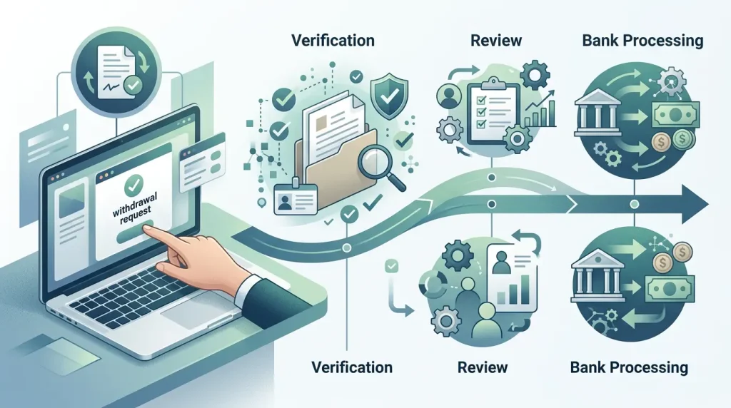 Editorial timeline showing withdrawal request verification and processing steps