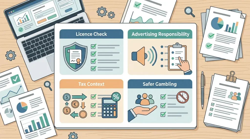 UK online casino rules checklist with licence advertising tax and safer gambling sections
