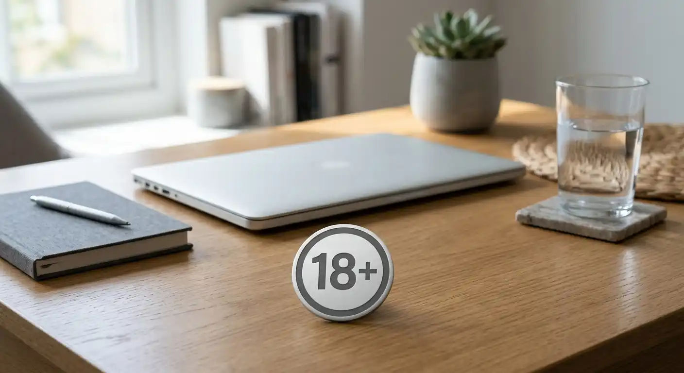 LuckyTwice UK responsible play reminder with an 18 plus badge, closed laptop and notebook