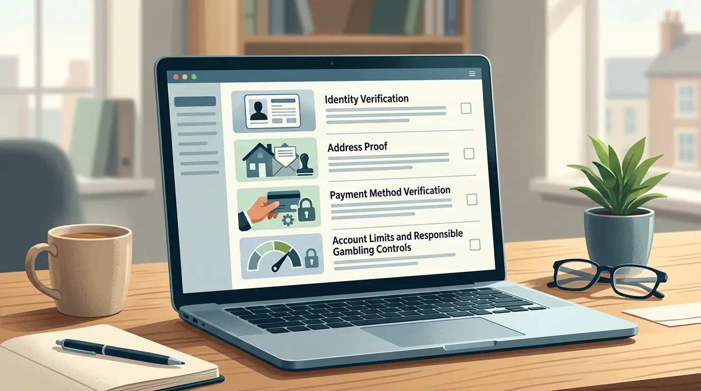 Account verification checklist with identity address and payment icons