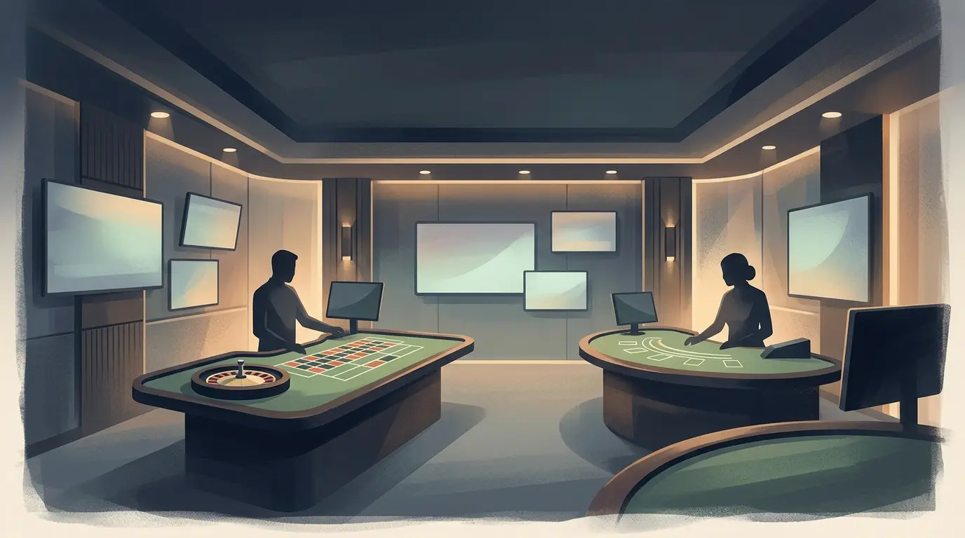 LuckyTwice live casino UK illustration with dealer table layout and stream tiles