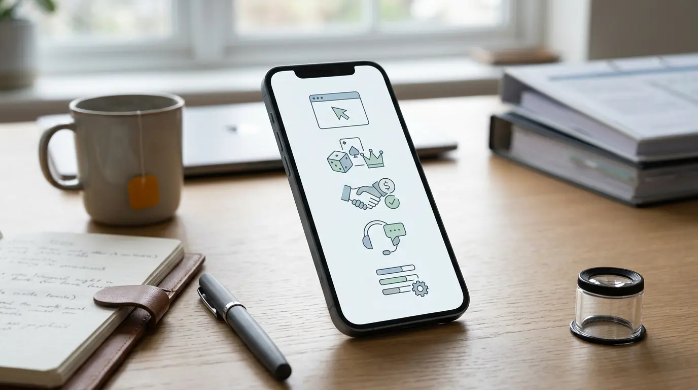 Smartphone with a mobile casino checklist and browser icons