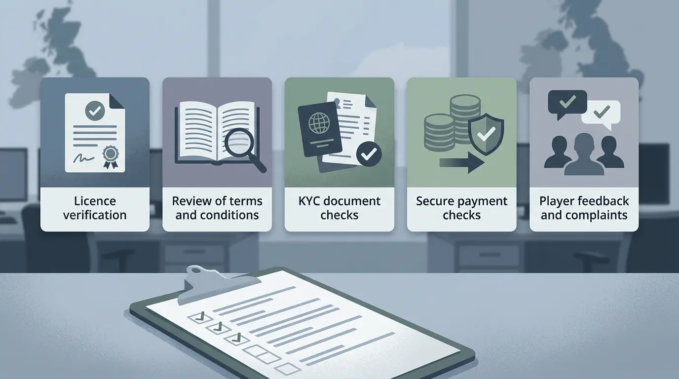 Trust checklist with licence terms KYC and review icons