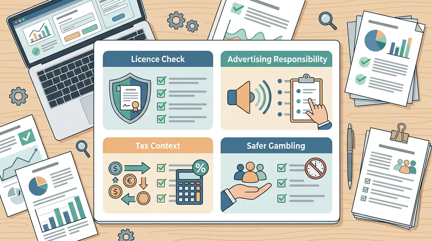 UK online casino rules checklist with licence advertising tax and safer gambling sections