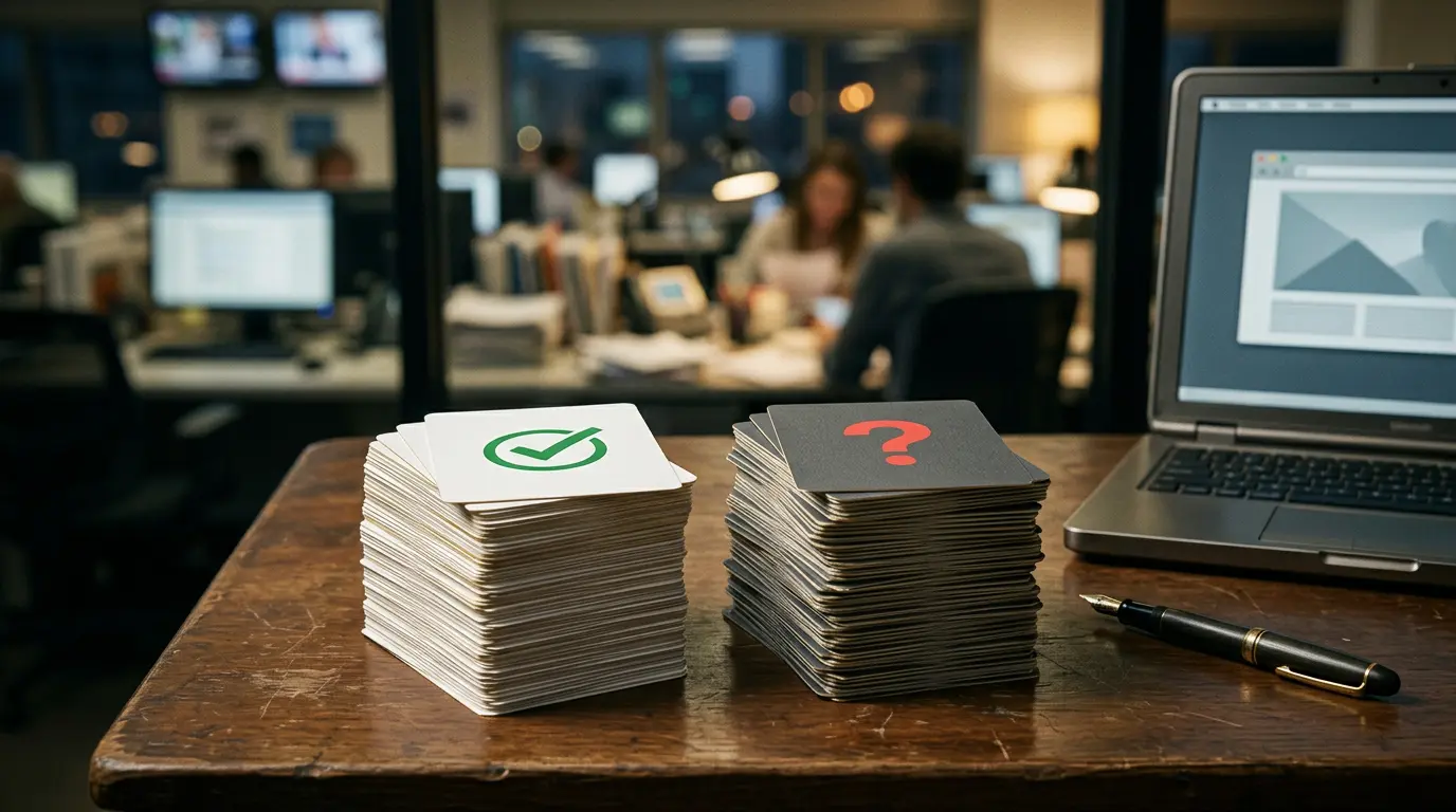 Verified and unverified facts arranged on a desk