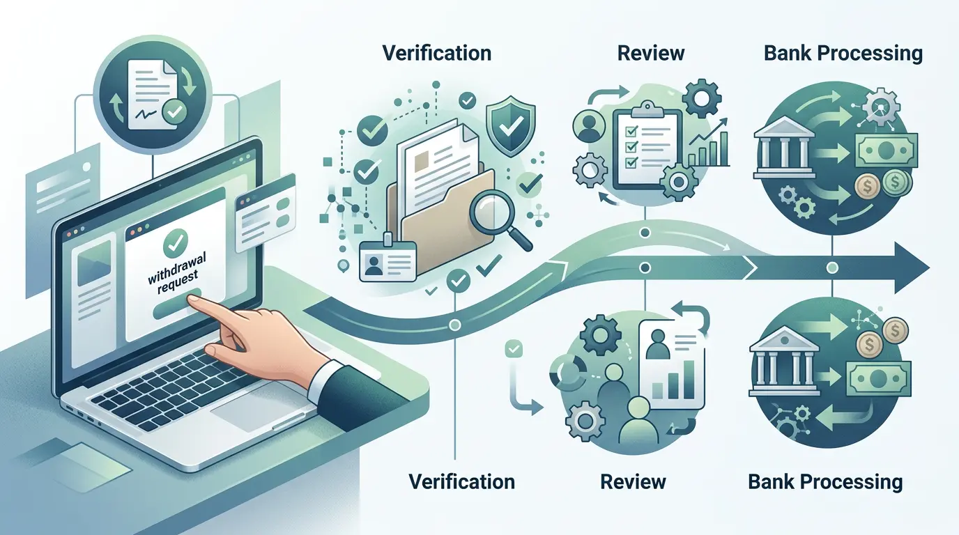 Editorial timeline showing withdrawal request verification and processing steps